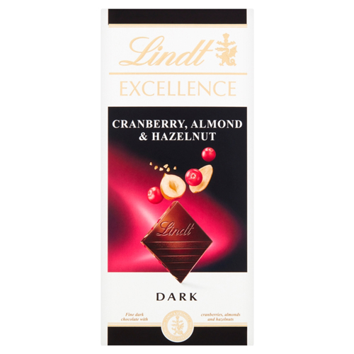 LINDT EXCELLENCE DARK ALMOND, HAZELNUT AND CRANBERRY 100G