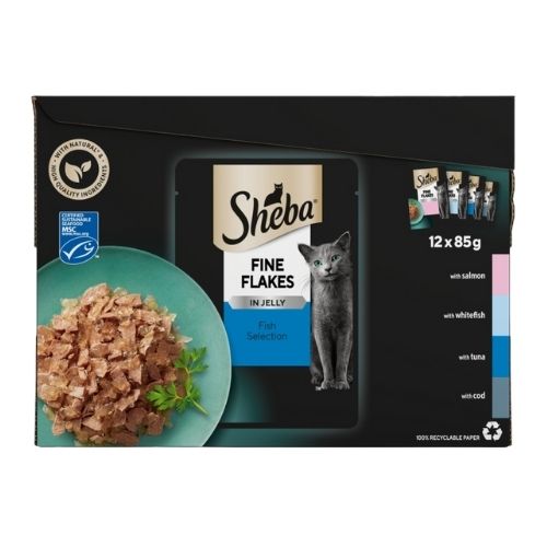 SHEBA FINE FLAKES CAT FOOD POUCHES FISH IN JELLY 12PK 85G
