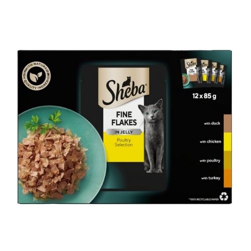 SHEBA FINE FLAKES CAT FOOD POUCHES POULY IN JELLY 12PK 85G