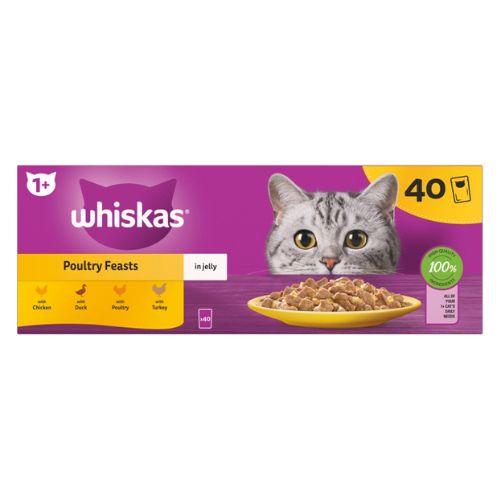 WHISKAS 1+ POULY FEASTS ADULT WET CAT FOOD POUCHES IN JELLY 40PK 85G