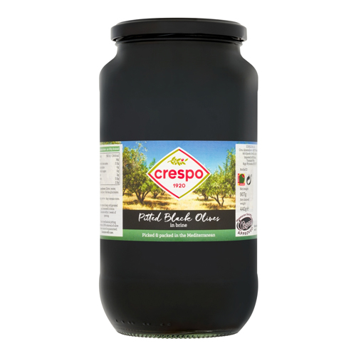 CRESPO PITTED BLACK OLIVES IN BRINE 907G
