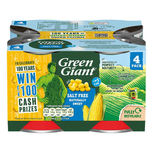 GREEN GIANT SALT FREE SWEETCORN 4PK 198G