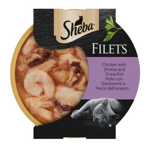 SHEBA FILLETS CAT FOOD TRAY WITH CHICKEN SHRIMP AND OCEAN FISH IN GRAVY 60G