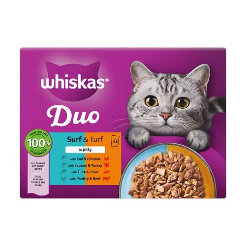 WHISKAS 1+ CAT POUCHES DUO SURF & TURF IN JELLY 12PK 85G
