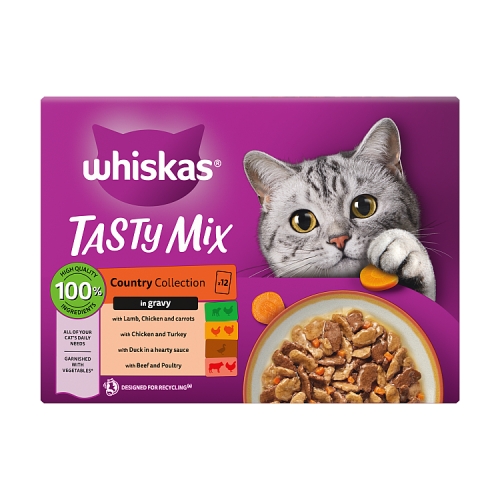 WHISKAS 1+ CAT POUCHES TASTY MIX COUNTRY COLLECTION IN GRAVY 12PK 85G