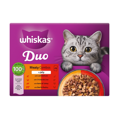 WHISKAS 1+ CAT POUCHES DUO MEATY COMBOS IN JELLY 12PK 85G