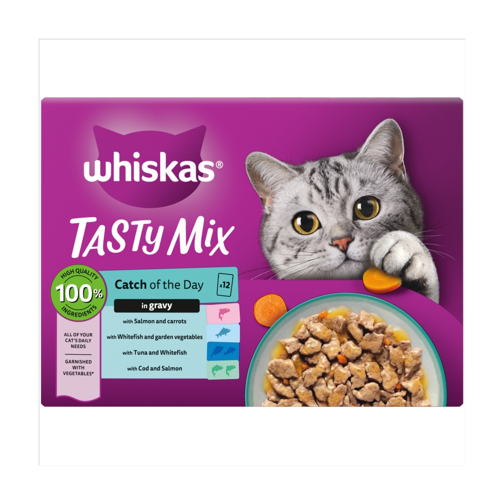 WHISKAS 1+ CAT POUCHES TASTY MIX CATCH OF THE DAY IN GRAVY 12PK 85G
