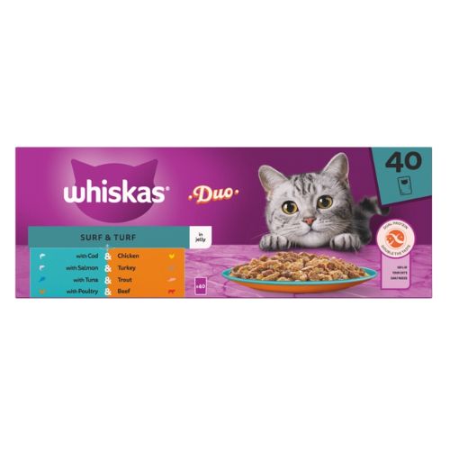 WHISKAS 1+ CAT POUCHES DUO SURF & TURF IN JELLY 40PK 85G