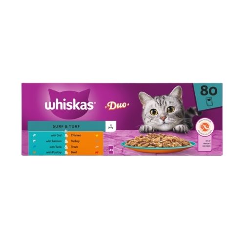 WHISKAS 1+ CAT POUCHES DUO SURF & TURF IN JELLY 80X 85G