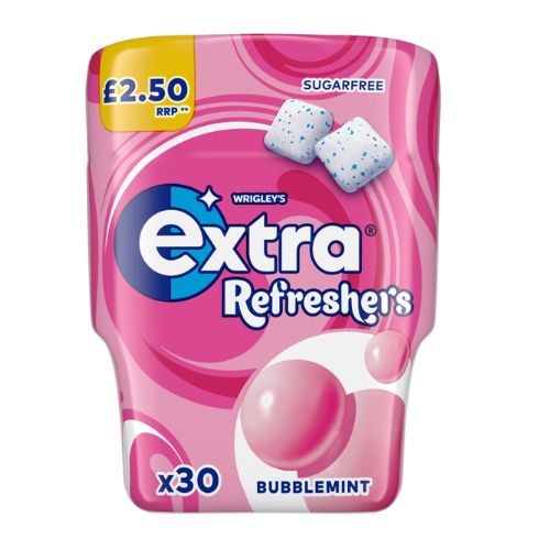 EXTRA REFRESHERS BUBBLEMINT SUGARFREE BOTTLE PMP £2.50 30PC 67G