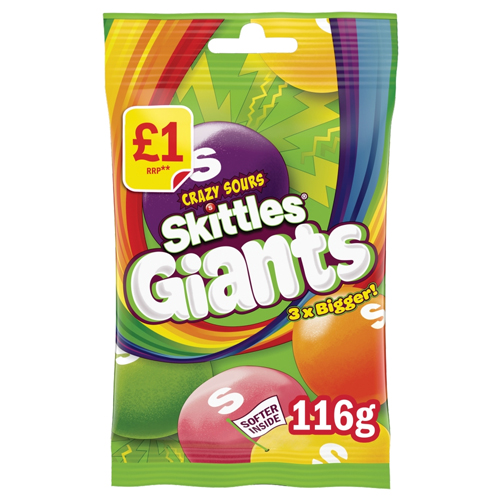 SKITTLES GIANTS SOUR SWEETS BAG PMP £1.00 116G