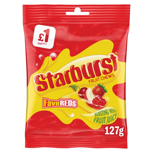 STARBURST FAVE REDS VEGAN CHEWY SWEETS FRUIT TREAT BAG PMP £1.00 127G