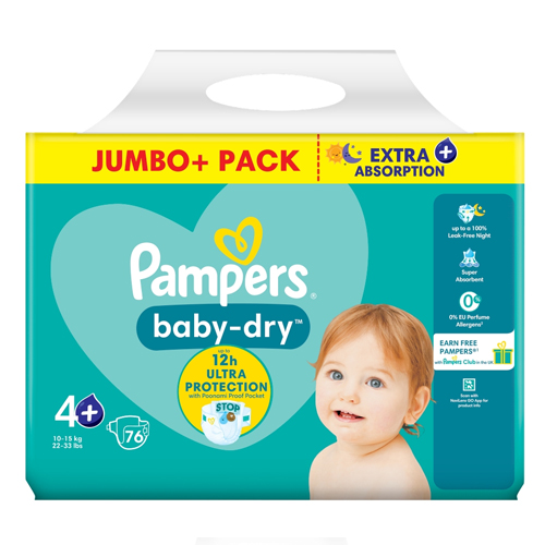 PAMPERS BABY DRY NAPPIES SIZE 4+ JUMBO 76PK