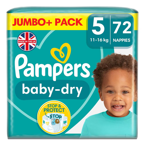 PAMPERS BABY DRY NAPPIES SIZE 5 JUMBO 72PK