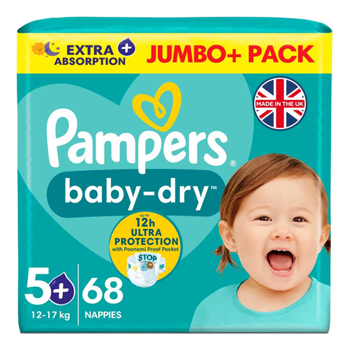 PAMPERS BABY DRY NAPPIES SIZE 5+ JUMBO 68PK