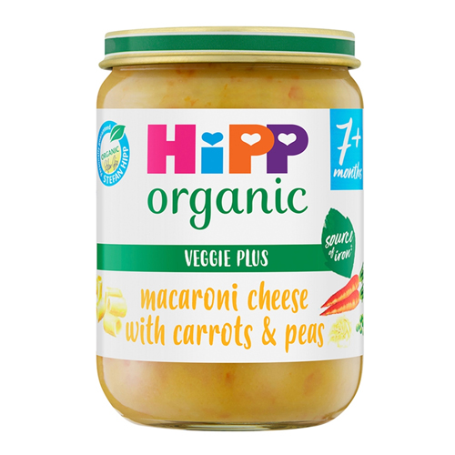 HIPP ORGANIC MACARONI CHEESE WITH CARROTS & PEAS BABY FOOD JAR 7+ MONTHS 190G