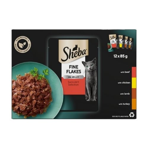 SHEBA FINE FLAKES CAT FOOD POUCHES SUCCULENT SELECTION IN JELLY 12PK 85G