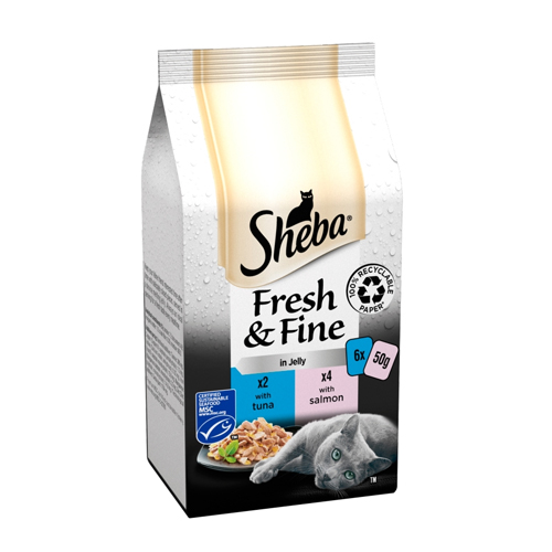SHEBA FRESH & FINE WET CAT FOOD POUCHES TUNA & SALMON IN JELLY 6PK 50G