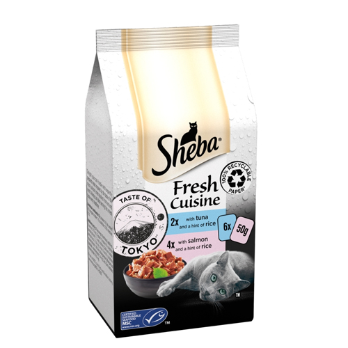 SHEBA FRESH CUISINE TASTE OF TOKYO CAT POUCHES WITH SALMON & TUNA IN GRAVY 6PK 50G