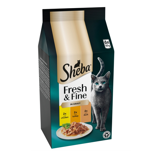 SHEBA FRESH & FINE CAT POUCHES WITH CHICKEN & TURKEY & DUCK IN GRAVY 6PK 50G