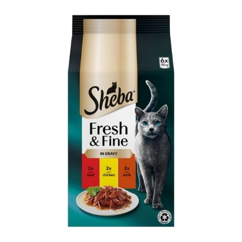 SHEBA FRESH & FINE CAT POUCHES WITH BEEF & CHICKEN & LAMB IN GRAVY 6PK 50G
