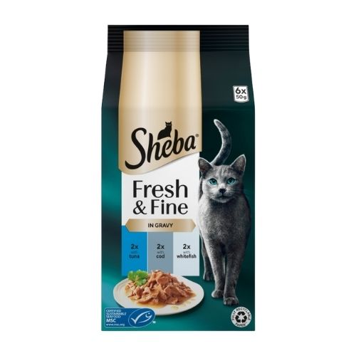 SHEBA FRESH & FINE CAT POUCHES WITH TUNA & COD & WHITEFISH IN GRAVY 6PK 50G
