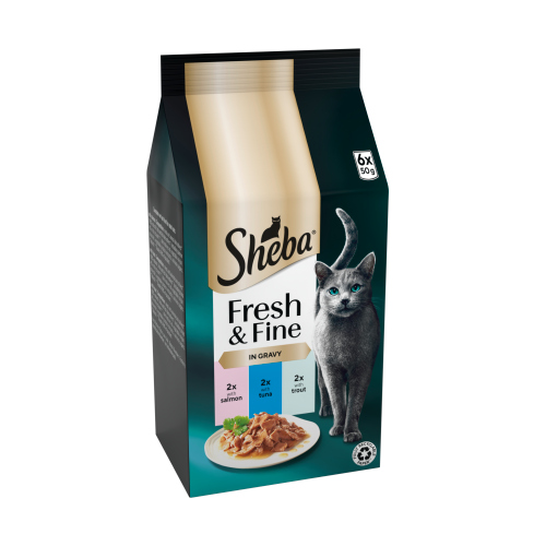 SHEBA FRESH & FINE ADULT WET CAT FOOD SALMON, TUNA & TROUT IN GRAVY 6PK 50G