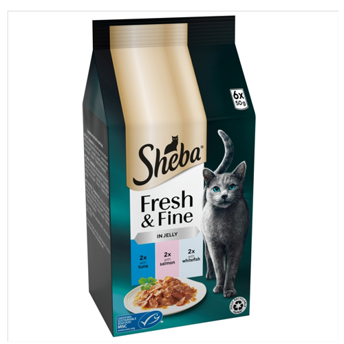 SHEBA FRESH & FINE CAT POUCHES WITH TUNA & SALMON & TROUT IN JELLY 6PK 50G
