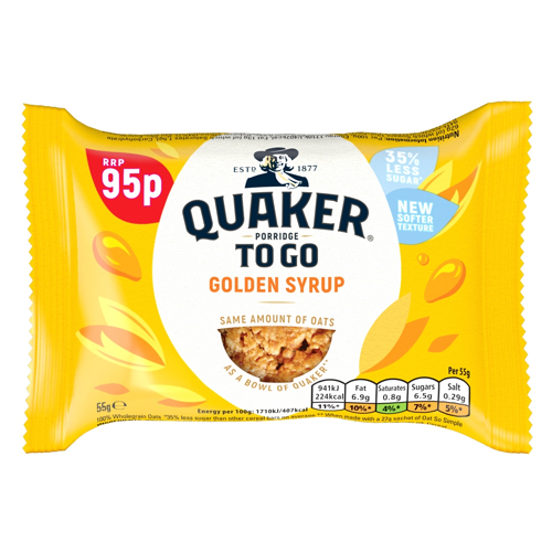 QUAKER PORRIDGE TO GO GOLDEN SYRUP BREAKFAST BAR PMP 95P 55G