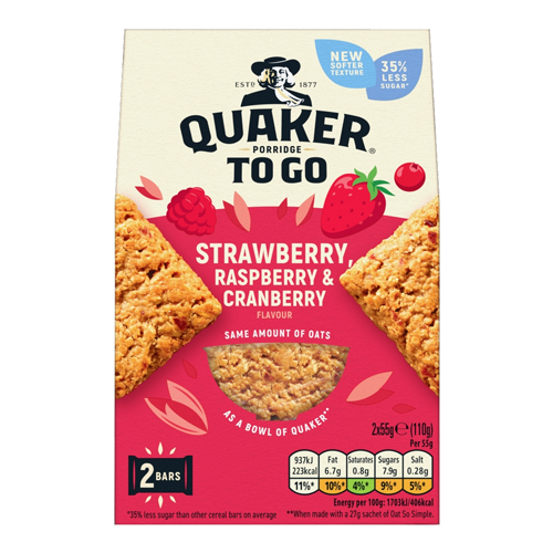 QUAKER PORRIDGE TO GO STRAWBERRY RASPBERRY CRANBERRY 2PK 110G