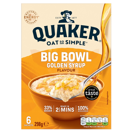 QUAKER OAT SO SIMPLE BIG BOWL GOLDEN SYRUP PORRIDGE SACHETS 297G