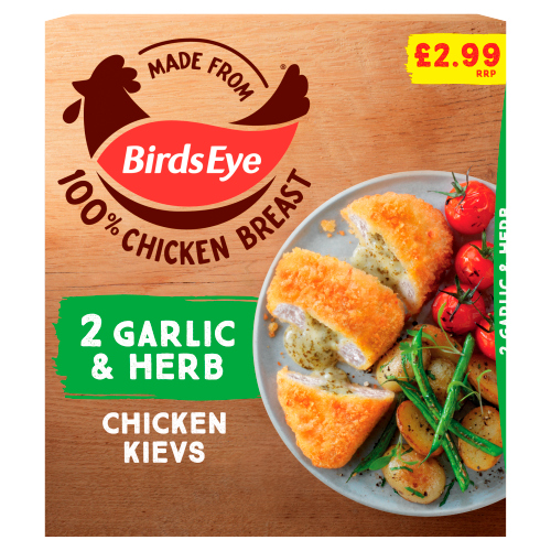 BIRDS EYE 2 GARLIC & HERB CHICKEN KIEVS PMP £2.99 204G