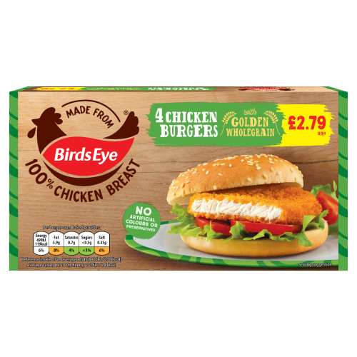 BIRDS EYE 4 CHICKEN BURGERS PMP £2.79 220G