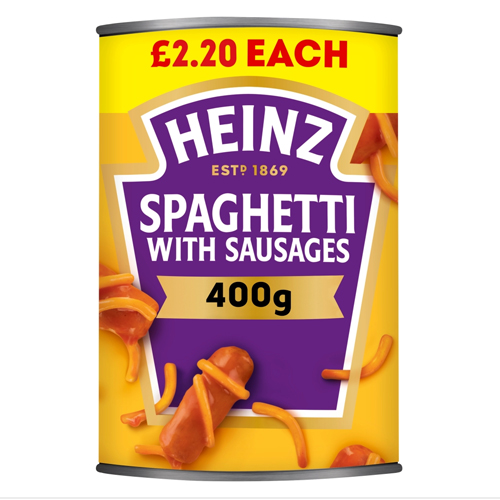 HEINZ SPAGHETTI WITH SAUSAGES PMP £2.20 400G