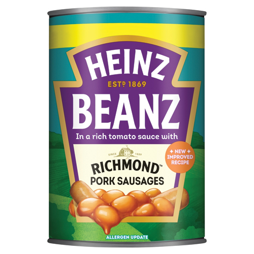 HEINZ BEANZ IN A RICH TOMATO SAUCE WITH RICHMOND PORK SAUSAGES PMP £2.20 415G