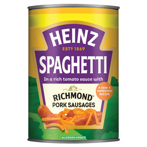 HEINZ SPAGHETTI RICHMOND PORK SAUSAGES PMP £2.20 400G