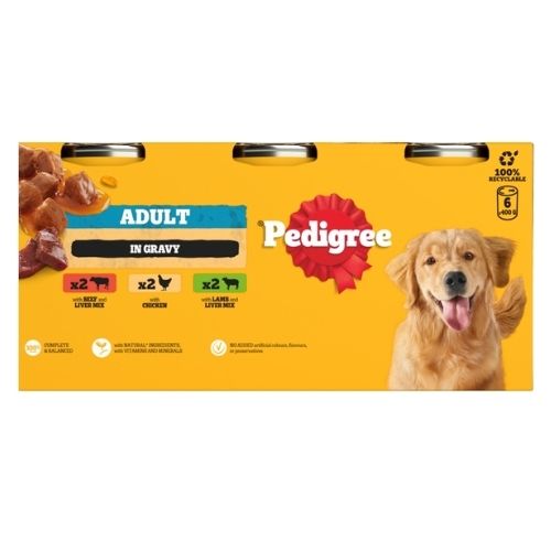 PEDIGREE ADULT WET DOG FOOD TINS MIXED IN GRAVY 6PK 400G