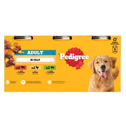 PEDIGREE ADULT WET DOG FOOD TINS MIXED IN JELLY 6PK 400G