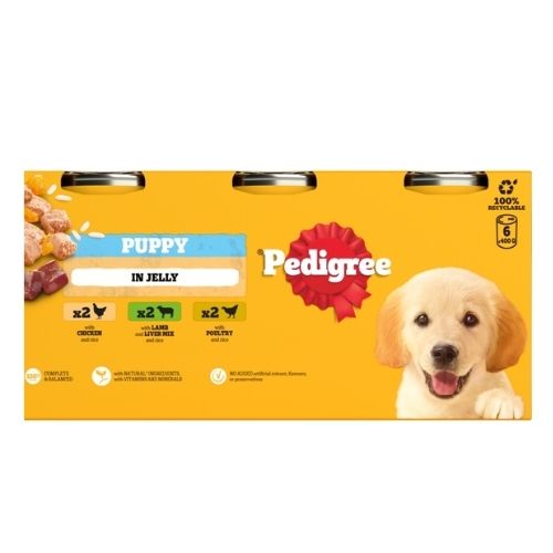 PEDIGREE PUPPY WET DOG FOOD TINS MIXED IN JELLY 6PK 400G