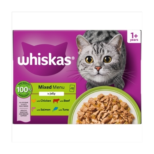 WHISKAS 1 + CAT POUCHES MIXED MENU IN JELLY 12PK 85G