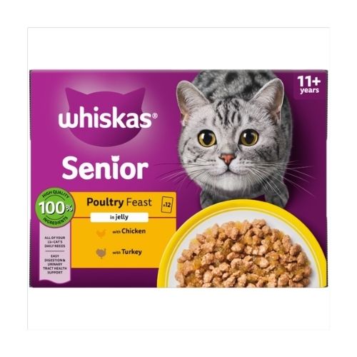 WHISKAS 11+ POULTRY FEASTS SENIOR WET CAT FOOD POUCHES IN JELLY 12X 85G