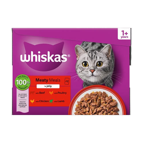 WHISKAS 1+ CAT POUCHES MEATY MEALS IN JELLY 12PK 85G