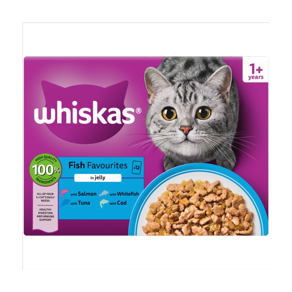 WHISKAS 1+ FISH FAVOURITES ADULT WET CAT FOOD POUCHES IN JELLY 12PK 85G