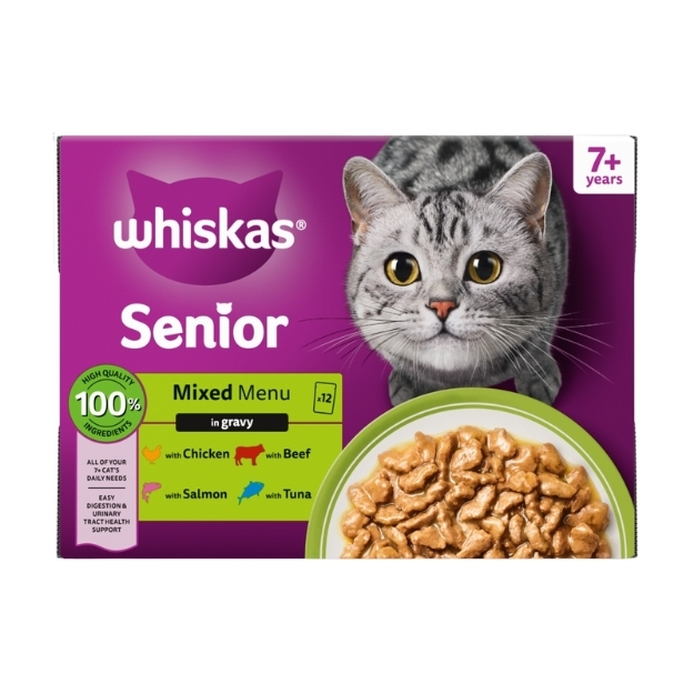 WHISKAS 7+ MIXED MENU SENIOR WET CAT FOOD POUCHES IN GRAVY 12PK 85G