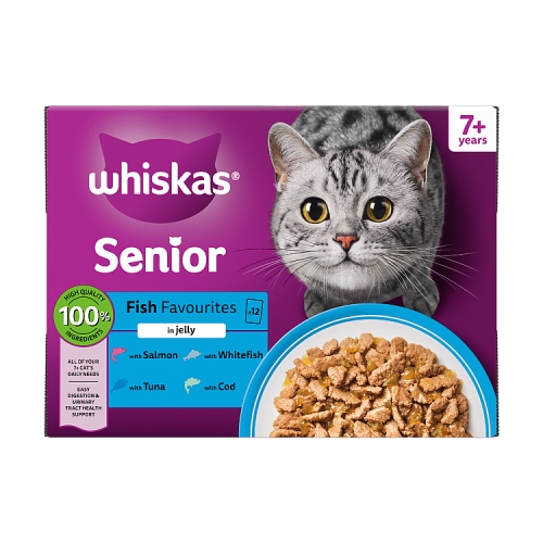 WHISKAS 7 + CAT POUCHES FISH FAVOURITES IN JELLY 12PK 85G