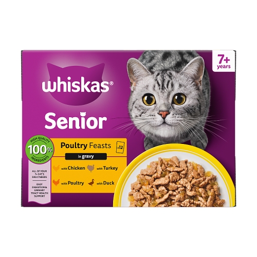 WHISKAS 7+ CAT POUCHES POULY FEASTS IN GRAVY 12PK 85G