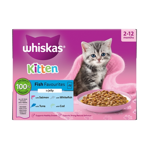 WHISKAS 2-12 MONTHS CAT POUCHES FISH FAVOURITES IN JELLY 12PK 85G