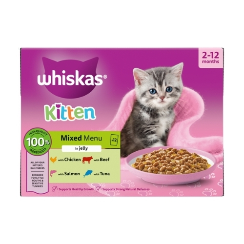 WHISKAS 2-12 MONTHS KITTEN MIXED MENU IN JELLY POUCHES 12PK 85G