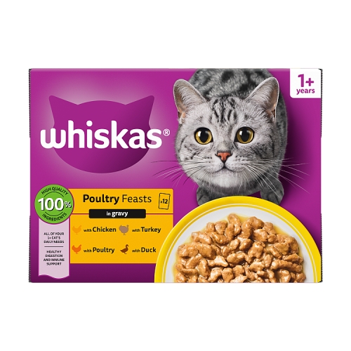 WHISKAS 1+ CAT POUCHES POULY FEASTS IN GRAVY 12PK 85G