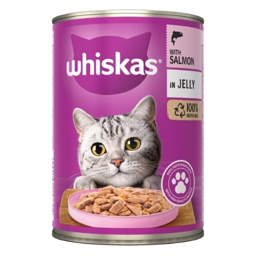 WHISKAS ADULT WET CAT FOOD TIN SALMON IN JELLY 400G